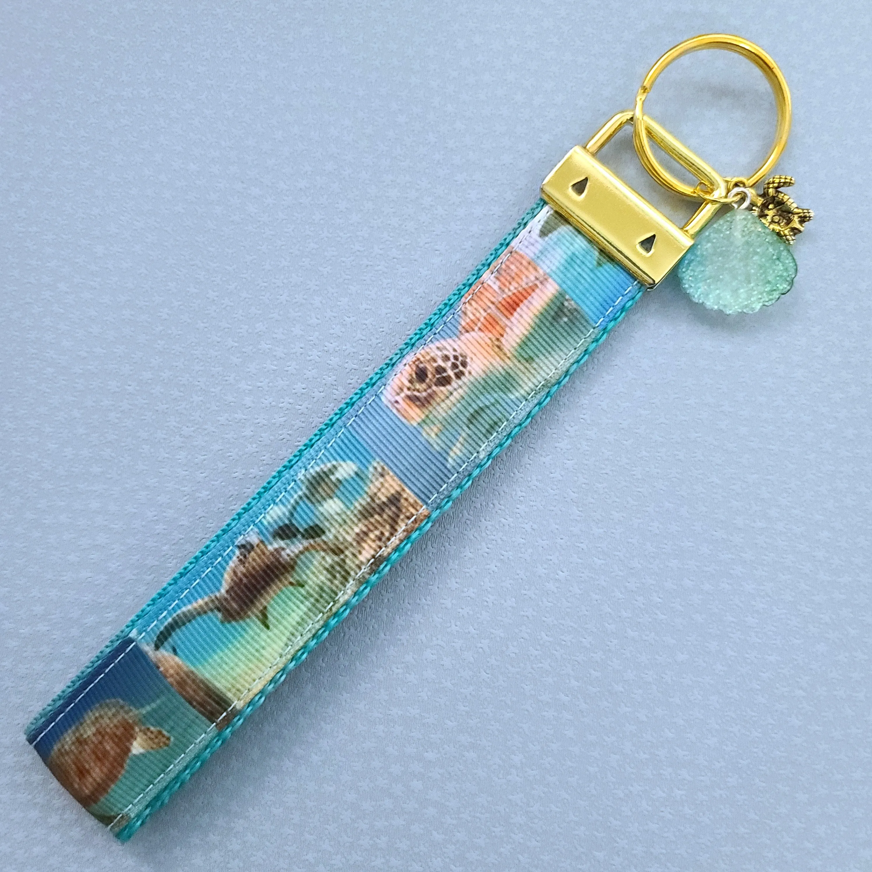 Sea Turtle in Watercolor on Rose Gold Key Chain Fob with Rose Gold Turtle Charm