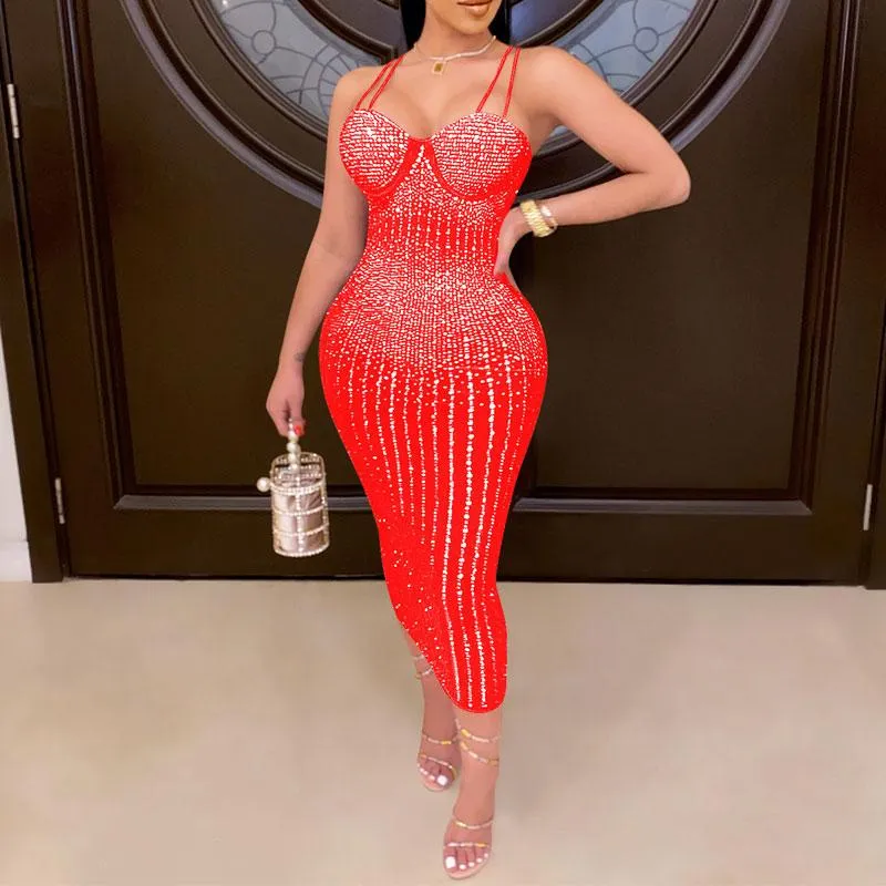 Sequins Rhinestone Sheer Mesh Sling Party Evening Dress