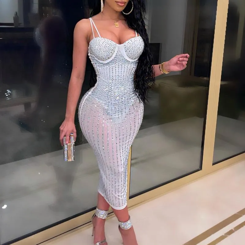 Sequins Rhinestone Sheer Mesh Sling Party Evening Dress