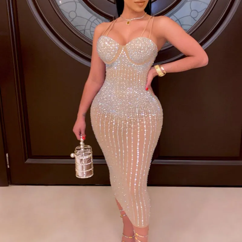 Sequins Rhinestone Sheer Mesh Sling Party Evening Dress