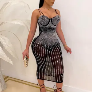 Sequins Rhinestone Sheer Mesh Sling Party Evening Dress