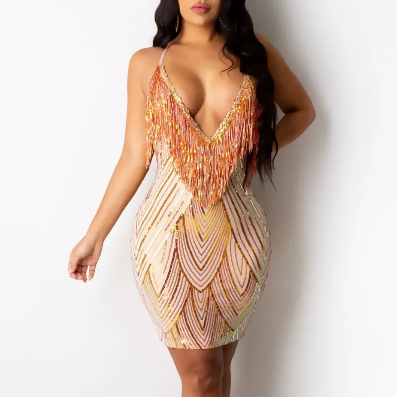 Sequins Tassel Design Sling Dress