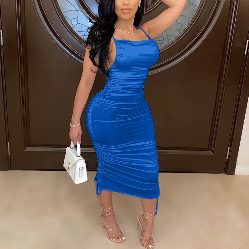 Sexy Backless Side Pleated Sling Dress
