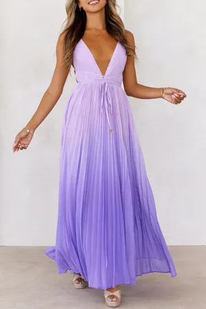 Sexy Gradient Color Lace Up Slit Contrast V Neck Sling Dresses