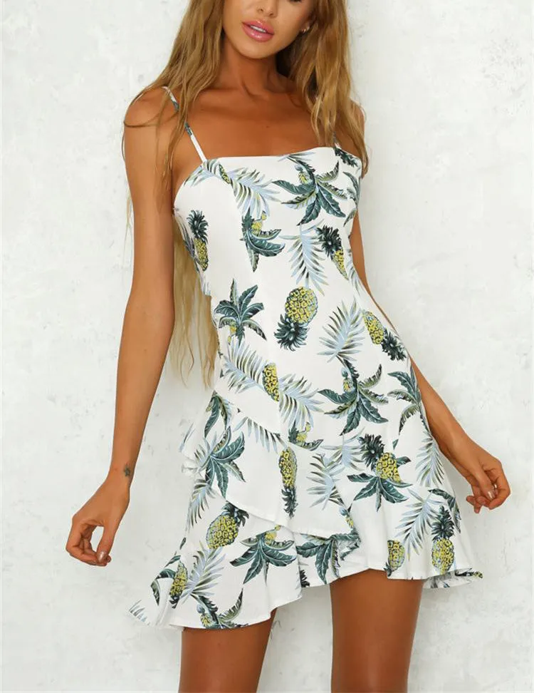 Sexy Open Back Lace-up Pineapple Print Sling Dress