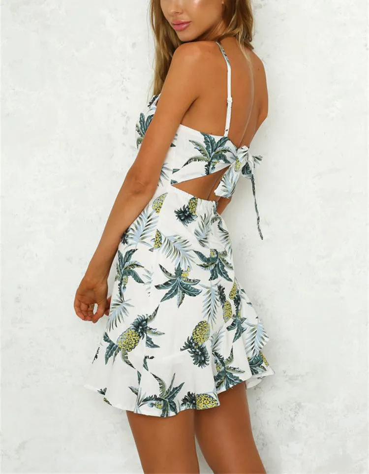 Sexy Open Back Lace-up Pineapple Print Sling Dress
