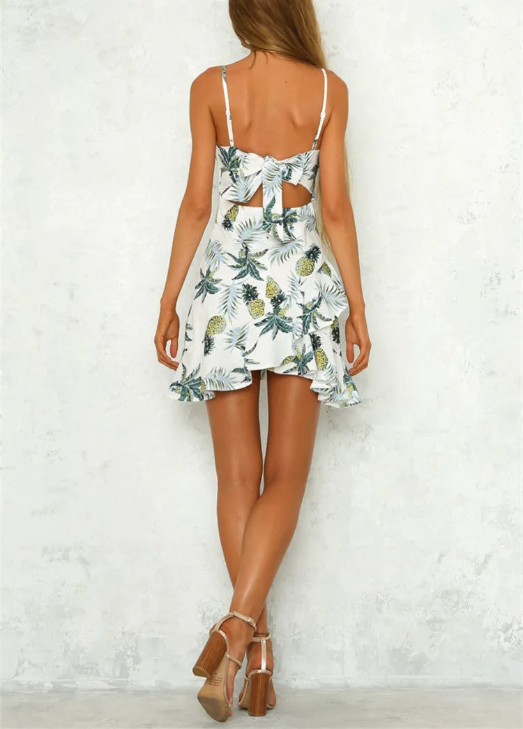 Sexy Open Back Lace-up Pineapple Print Sling Dress