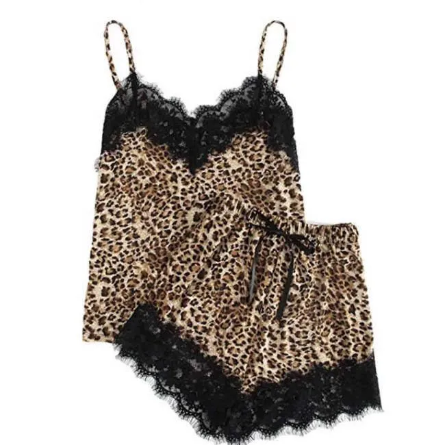 Sexy Sling Lace Leopard Cami and Shorts