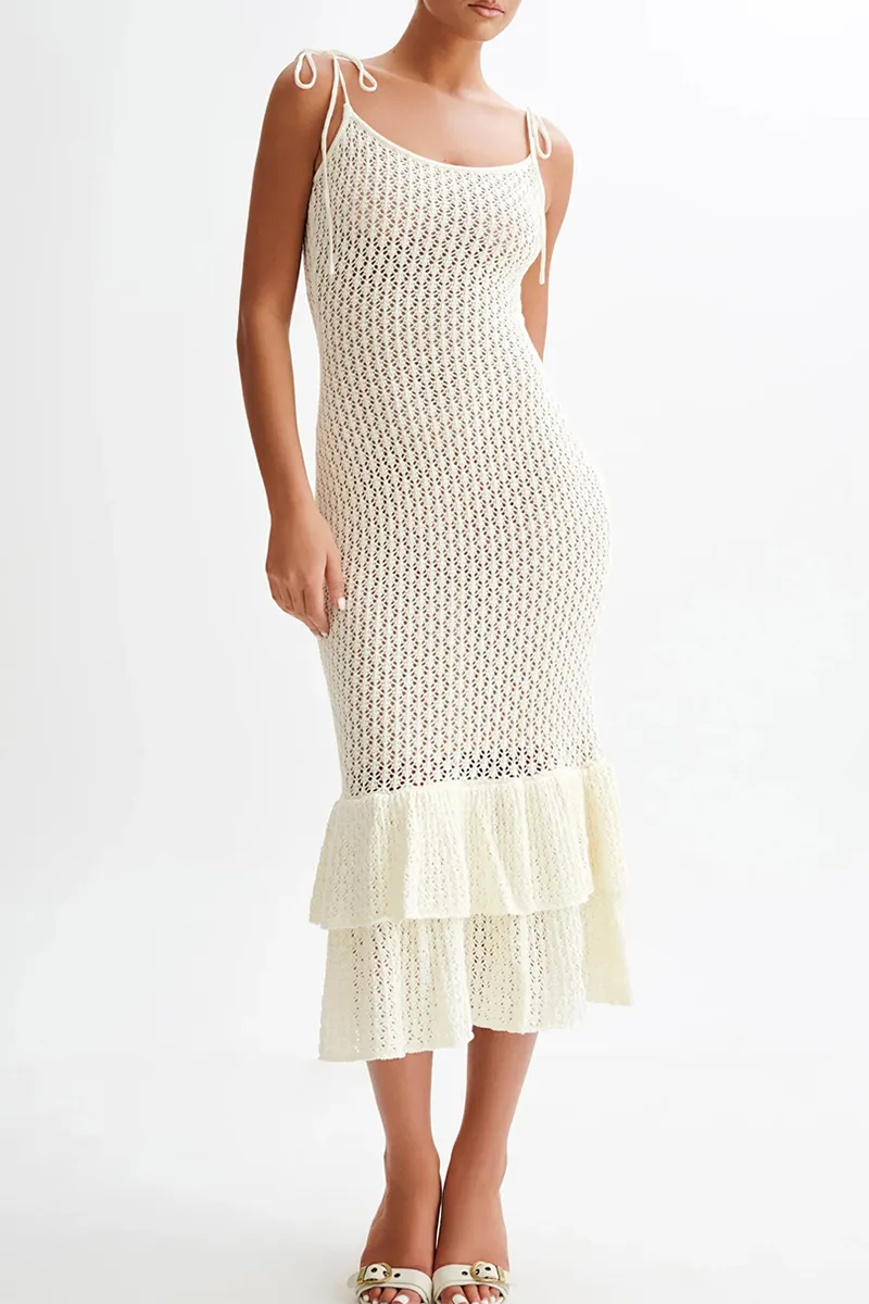 Sexy Solid Color Hollow Out Ruffle U Neck Sling Dresses