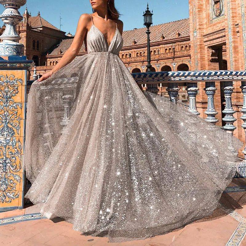 Sexy V-neck Sling Dress Maxi Skirt