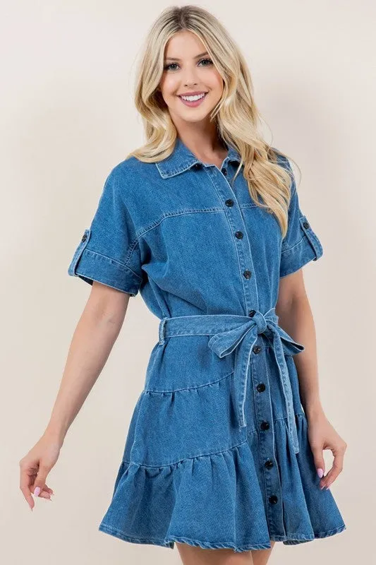 Short Sleeve Belted Ruffle Denim Dress