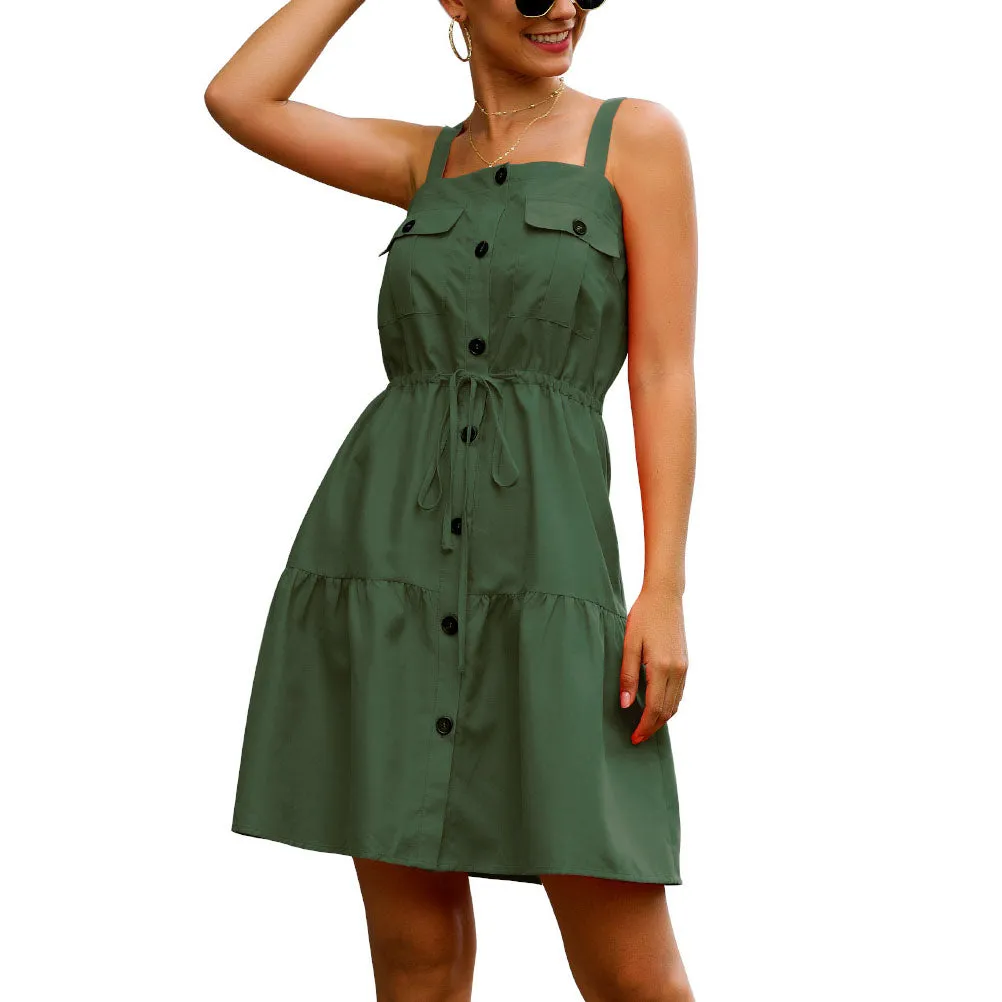 Single-breasted Drawstring Lace High Waist Backless Fashion A-line Sling Skirt
