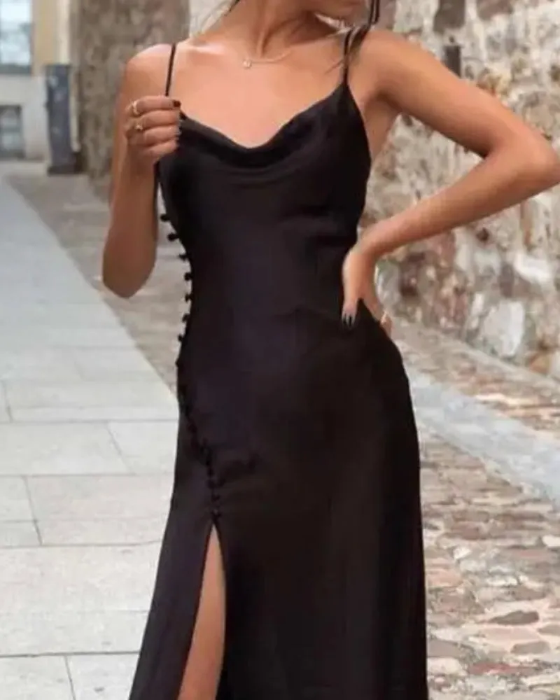 Sling Backless Silk Satin Slit Leg Midi Dresses Blue