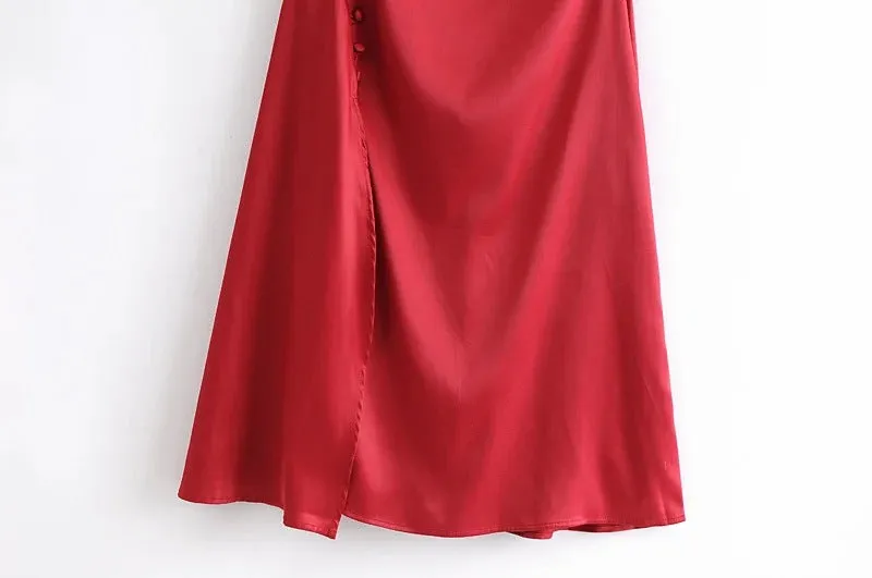 Sling Backless Silk Satin Slit Leg Midi Dresses Blue