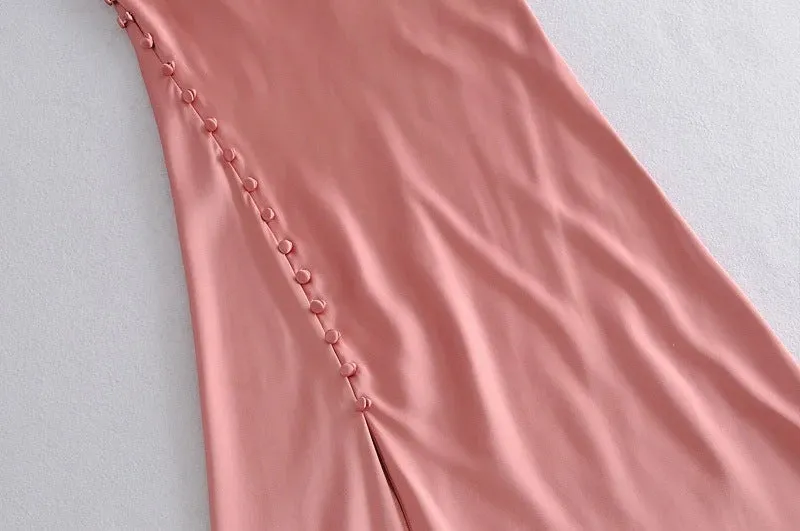 Sling Backless Silk Satin Slit Leg Midi Dresses Blue