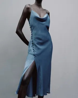 Sling Backless Silk Satin Slit Leg Midi Dresses Blue