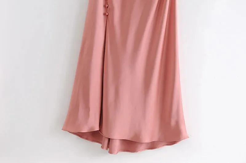 Sling Backless Silk Satin Slit Leg Midi Dresses Blue