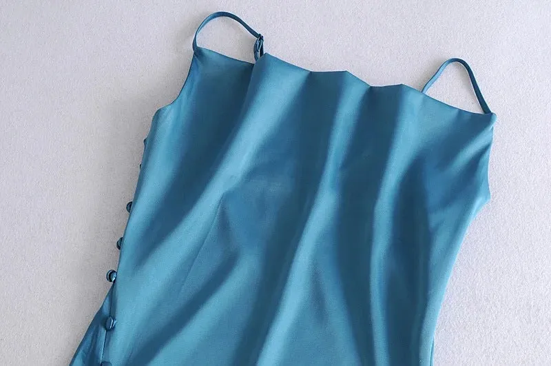 Sling Backless Silk Satin Slit Leg Midi Dresses Blue