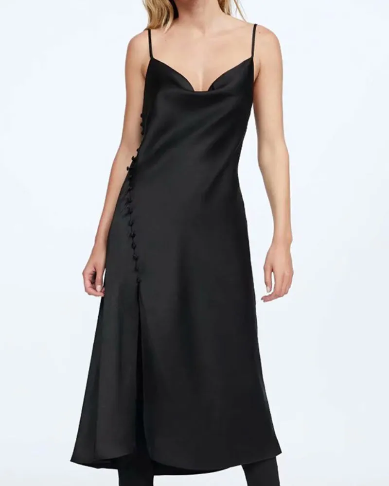 Sling Backless Silk Satin Slit Leg Midi Dresses Blue