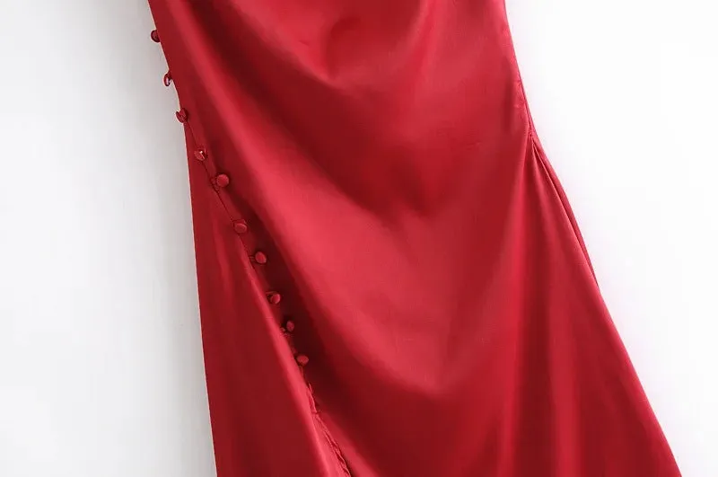 Sling Backless Silk Satin Slit Leg Midi Dresses Blue