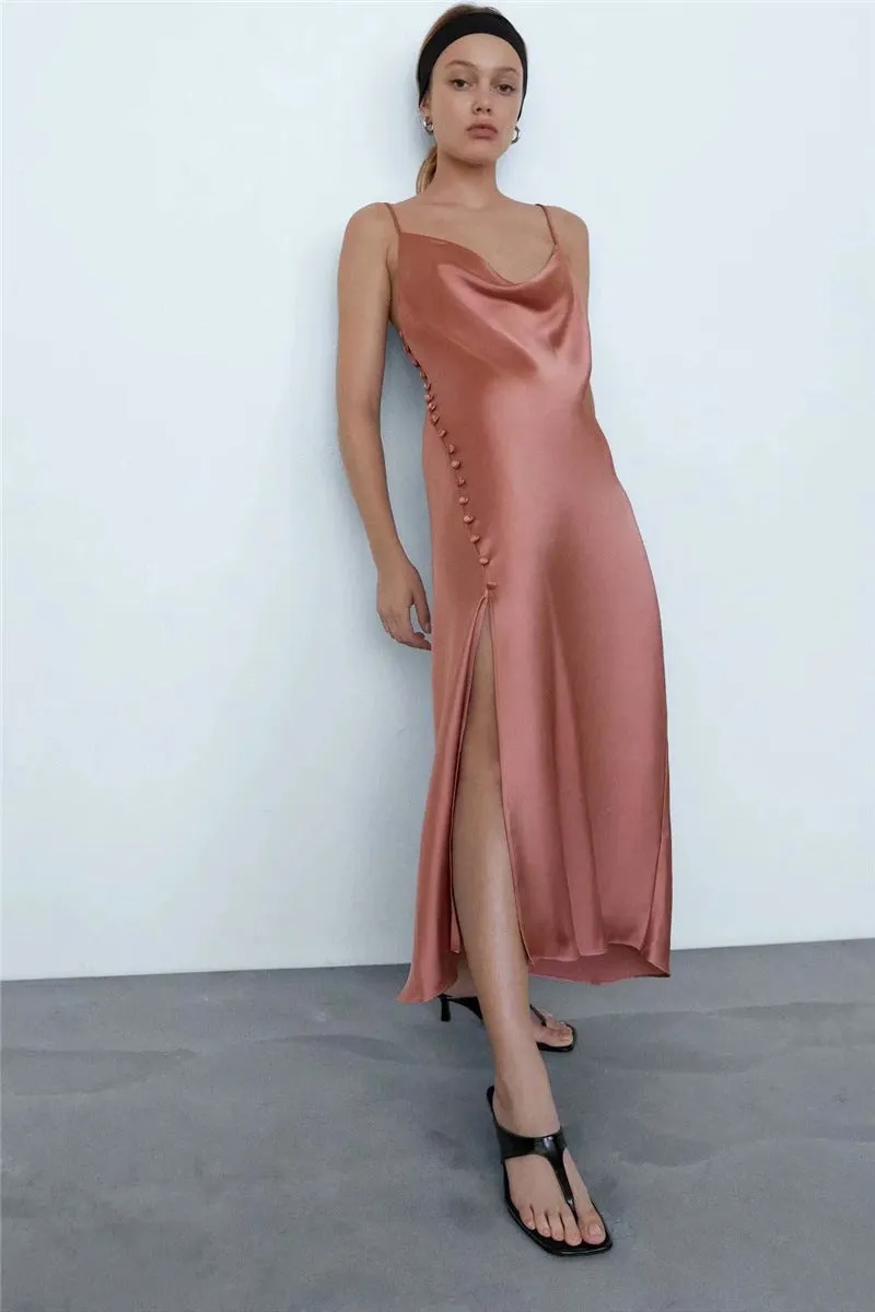 Sling Backless Silk Satin Slit Leg Midi Dresses Blue