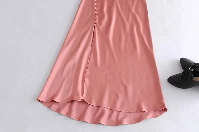 Sling Backless Silk Satin Slit Leg Midi Dresses Blue