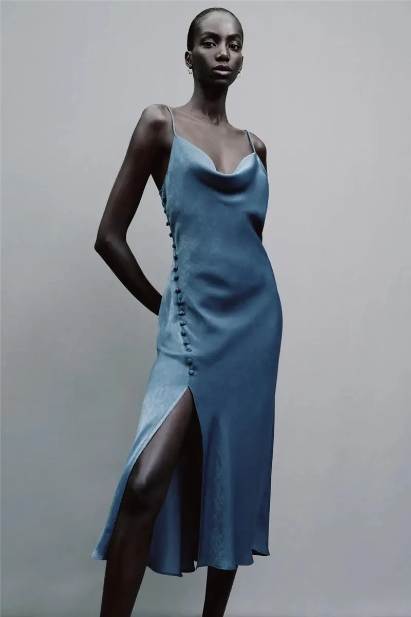 Sling Backless Silk Satin Slit Leg Midi Dresses Blue