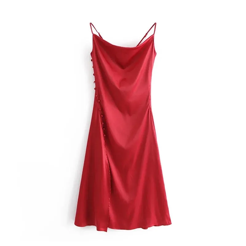 Sling Backless Silk Satin Slit Leg Midi Dresses Blue