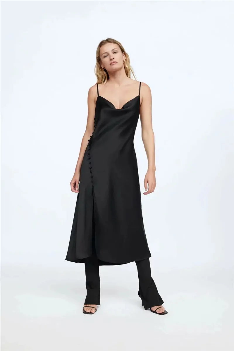 Sling Backless Silk Satin Slit Leg Midi Dresses Blue