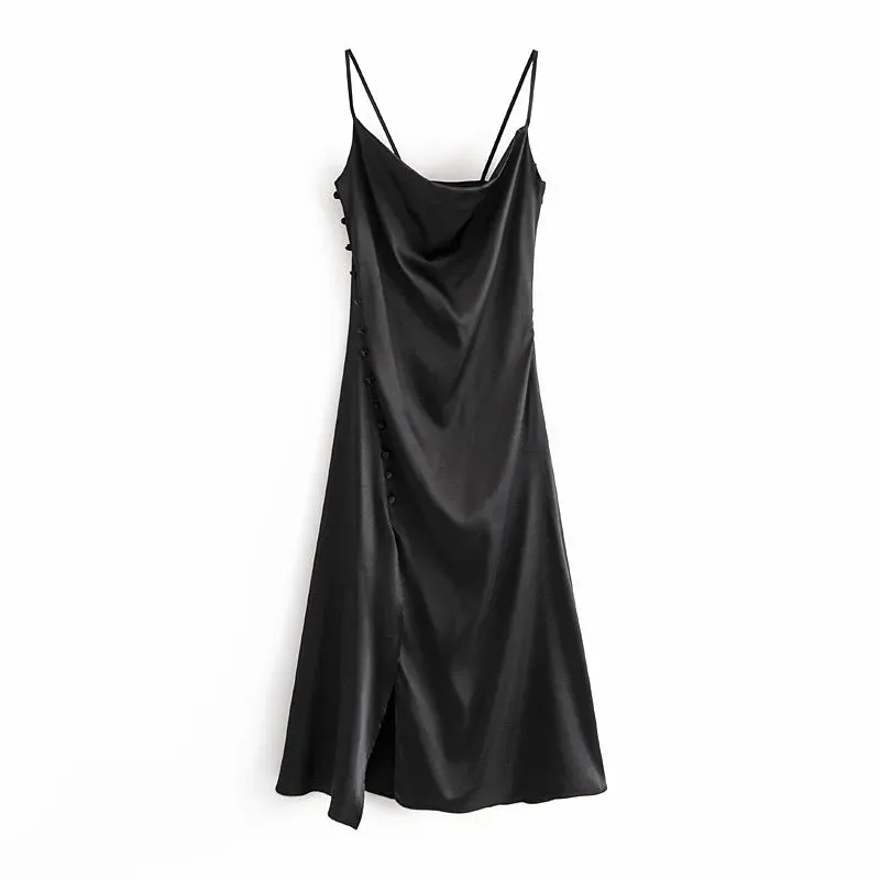 Sling Backless Silk Satin Slit Leg Midi Dresses Blue