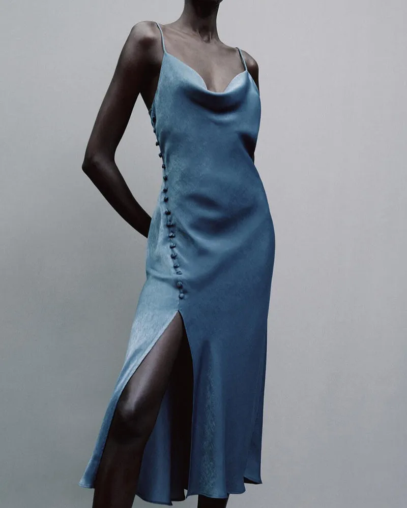 Sling Backless Silk Satin Slit Leg Midi Dresses Blue