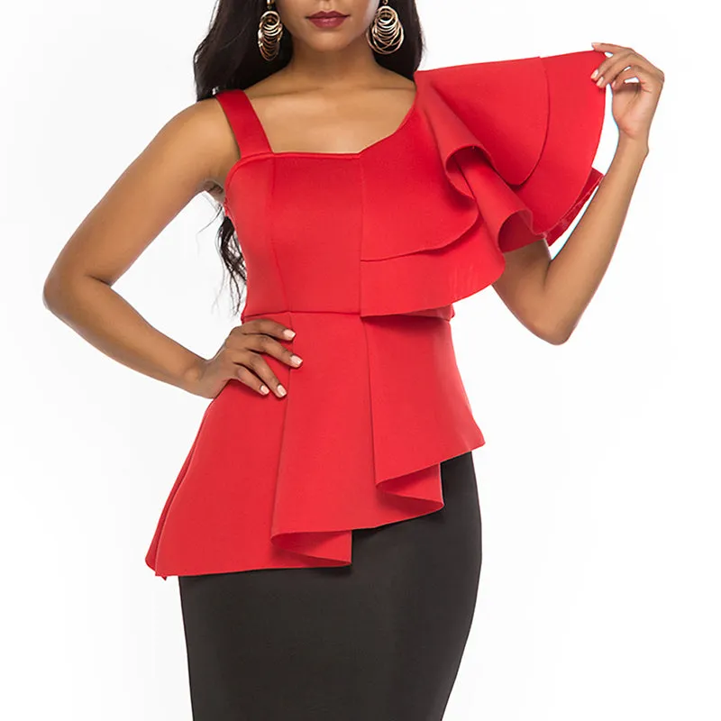 Sling Shoulder Ruffle Sleeve Red Top Women Slim Fit