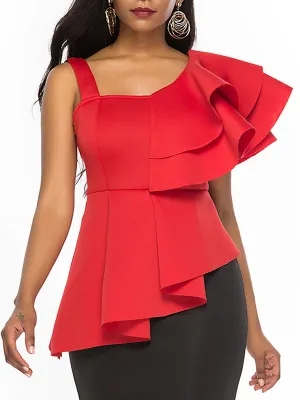 Sling Shoulder Ruffle Sleeve Red Top Women Slim Fit