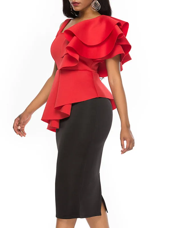 Sling Shoulder Ruffle Sleeve Red Top Women Slim Fit