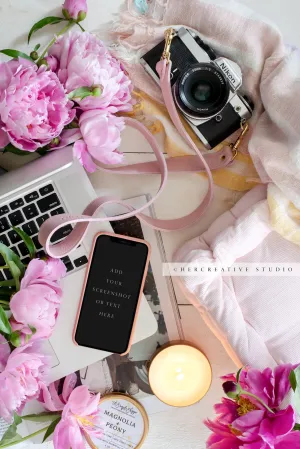 Smartphone, Candle & Pink Peonies. Digital Image