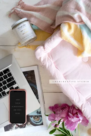 Smartphone, Candle & Pink Peony. Digital Image