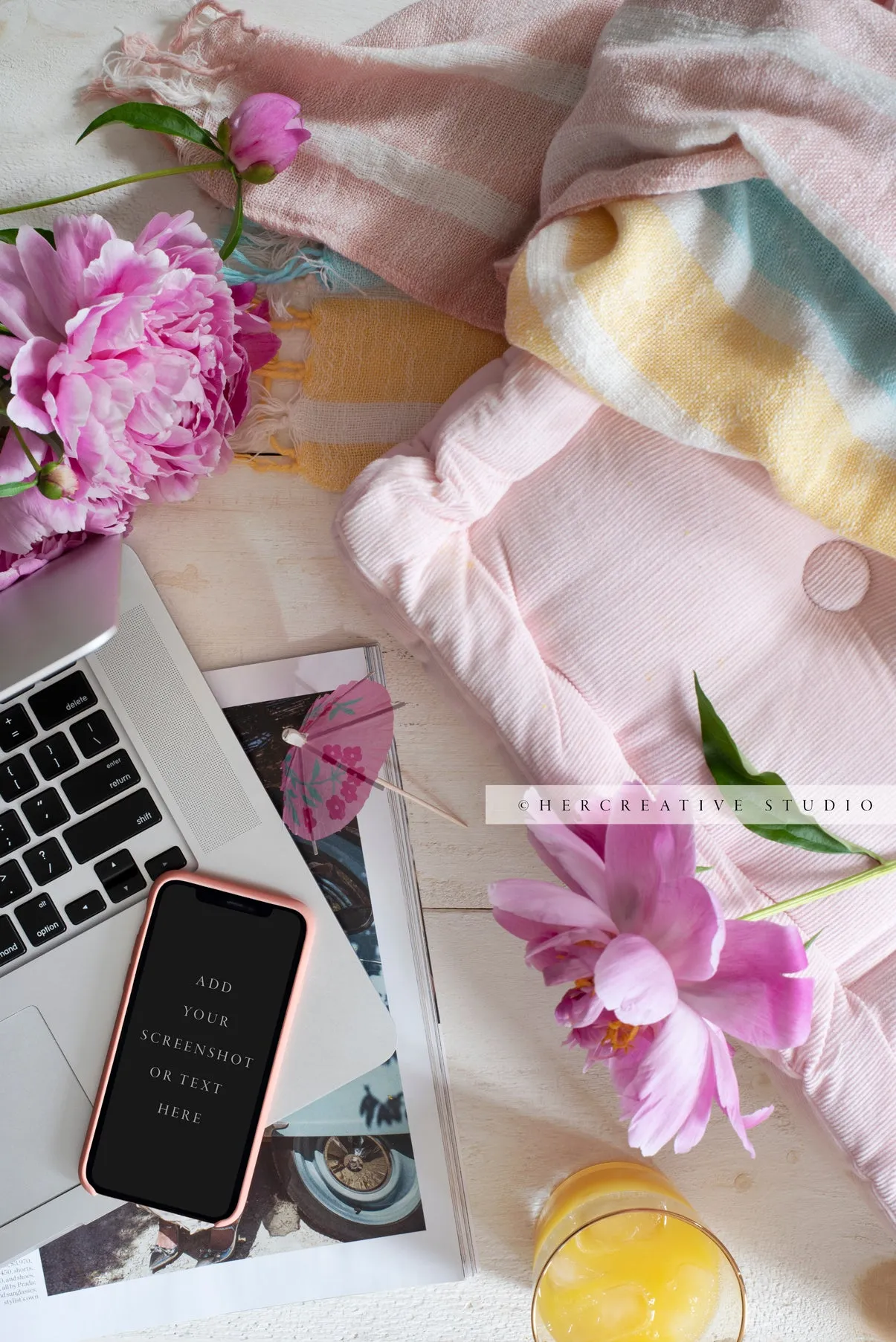 Smartphone, Cocktail & Pink Peonies. Digital Image