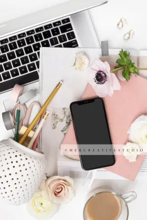 Smartphone, Coffee & Pencils on White Workspace, Styled Stock Image