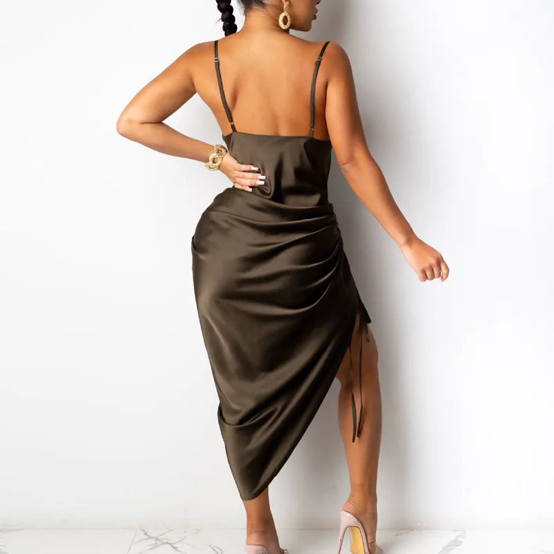 Solid Ruched High Split Sling Dress