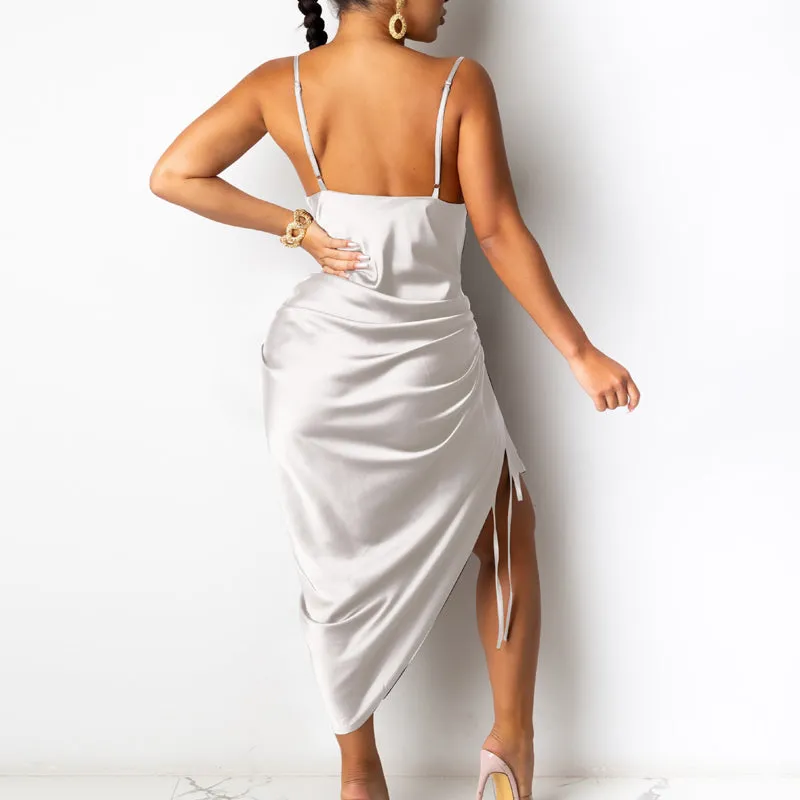 Solid Ruched High Split Sling Dress