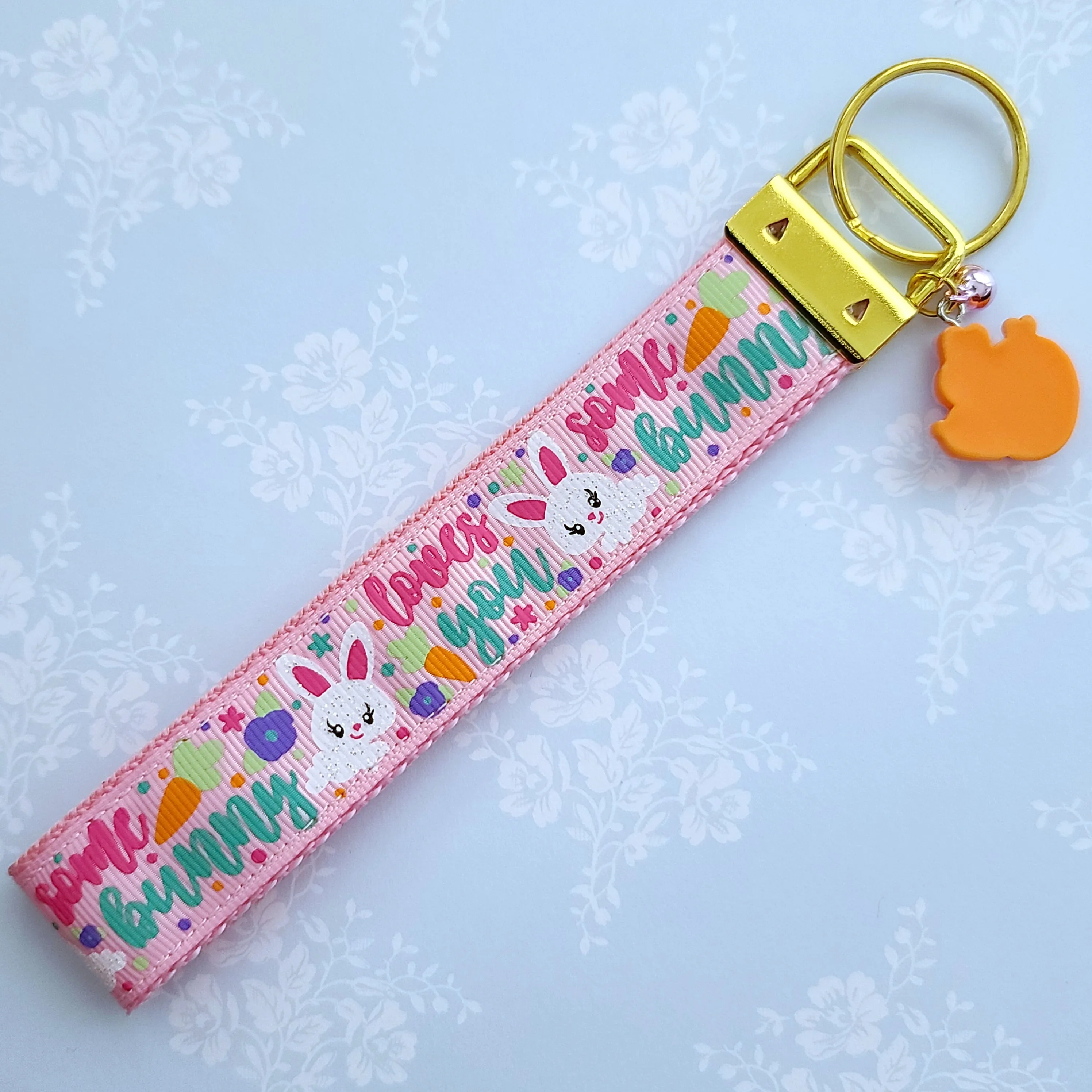Some Bunny Loves You with Glitter Flowers & Carrots on Gold Key Chain Fob includes Enameled Bunny Charm