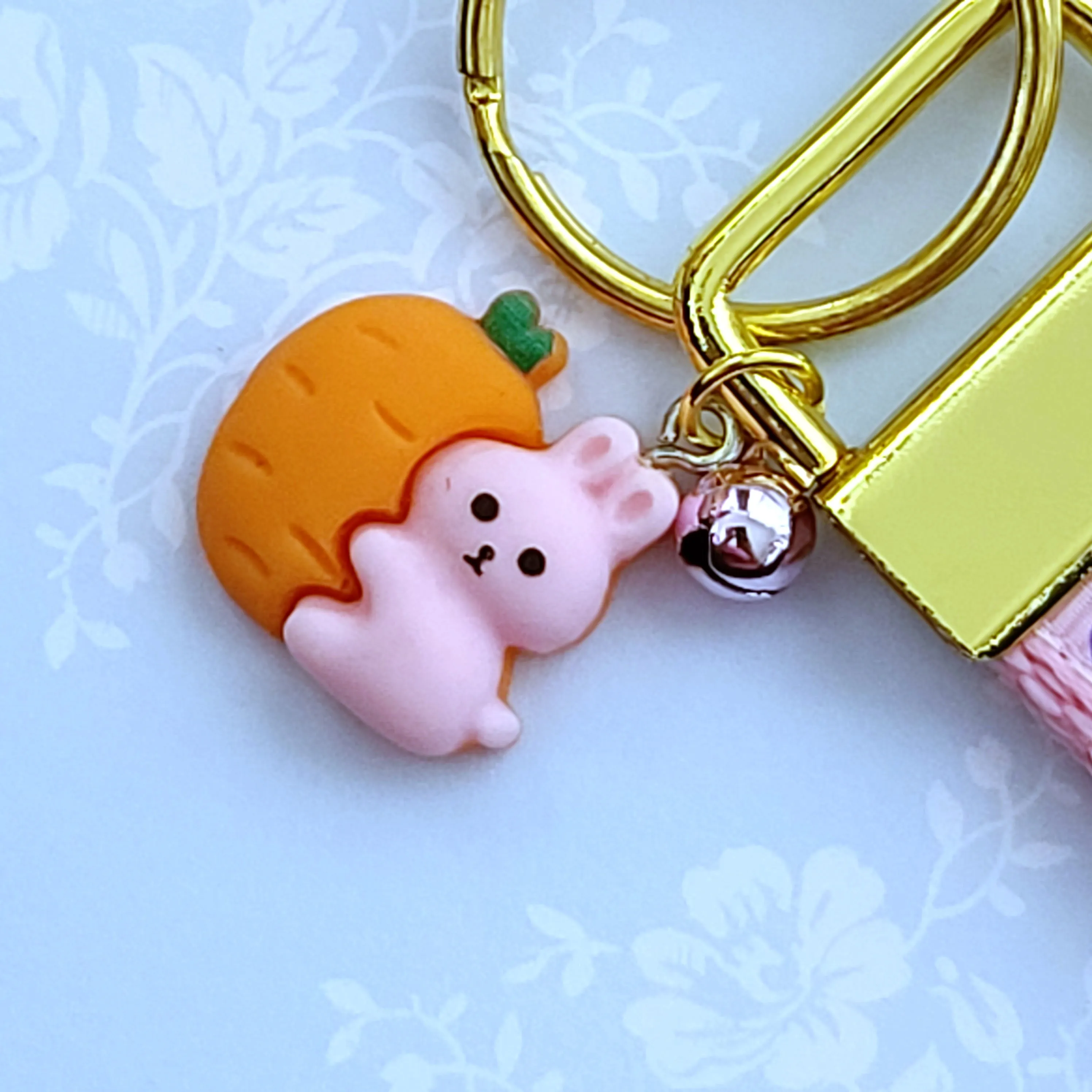 Some Bunny Loves You with Glitter Flowers & Carrots on Gold Key Chain Fob includes Enameled Bunny Charm