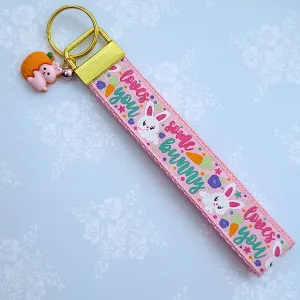 Some Bunny Loves You with Glitter Flowers & Carrots on Gold Key Chain Fob includes Enameled Bunny Charm
