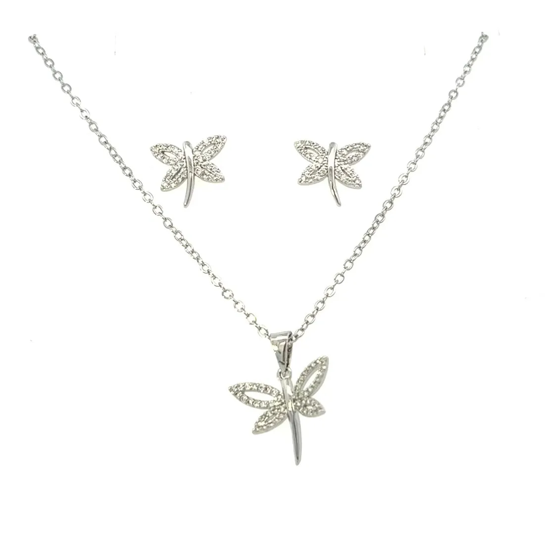 Sparkly Dragonfly Pendant Necklace and Earrings Set Silver