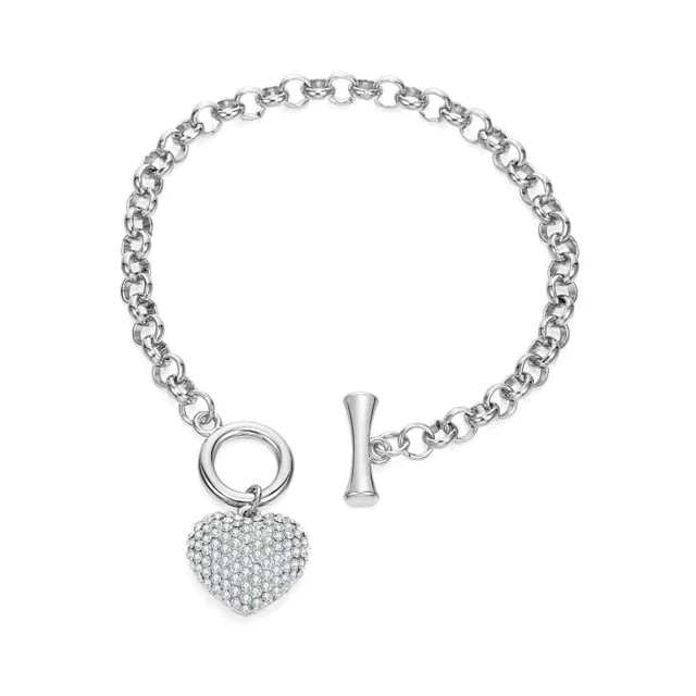 Sparkly Rhinestone Heart Charm Toggle Bracelet Gold or Silver