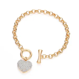 Sparkly Rhinestone Heart Charm Toggle Bracelet Gold or Silver
