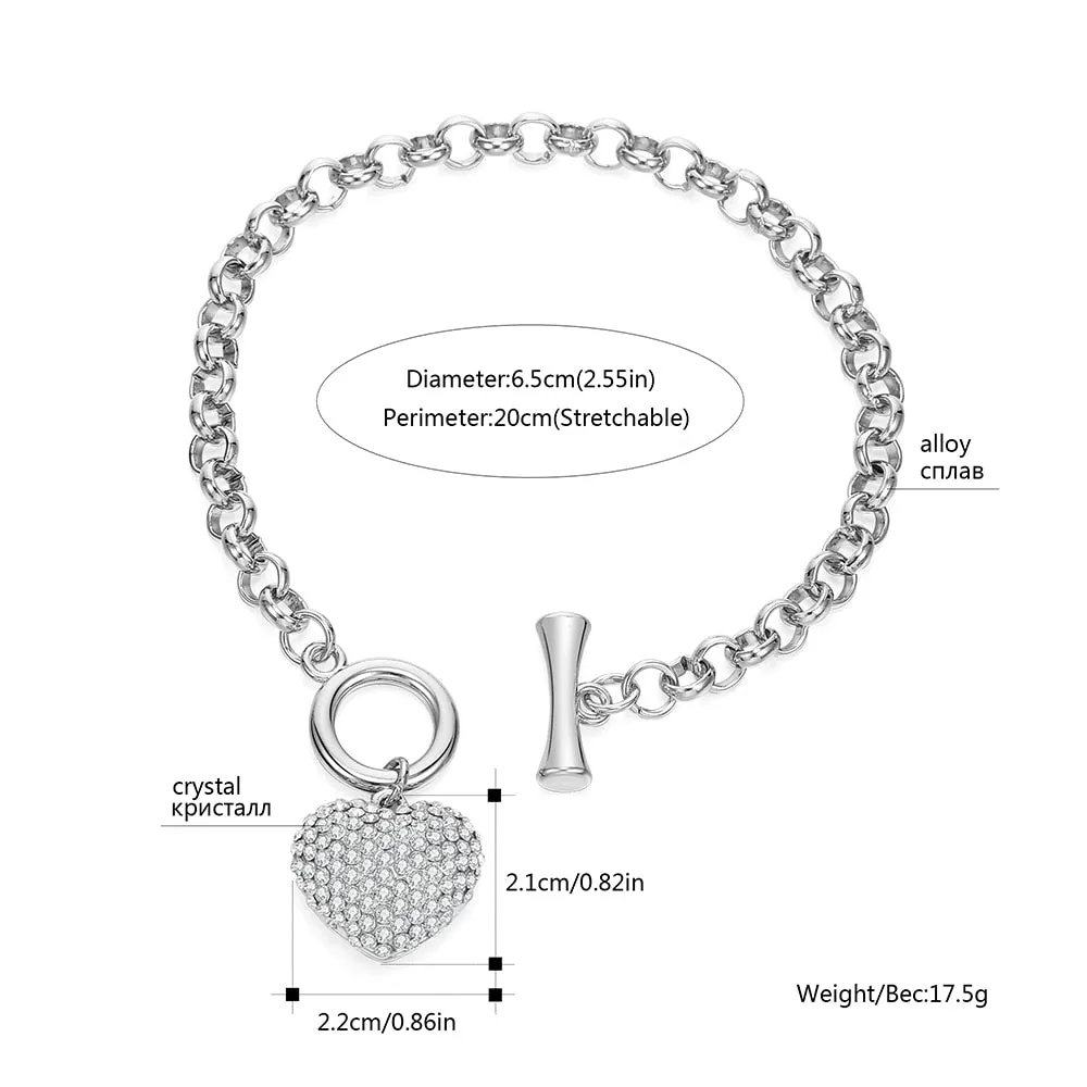 Sparkly Rhinestone Heart Charm Toggle Bracelet Gold or Silver