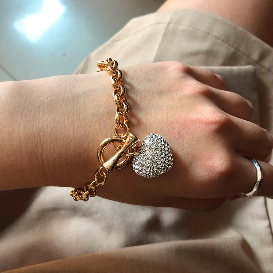Sparkly Rhinestone Heart Charm Toggle Bracelet Gold or Silver