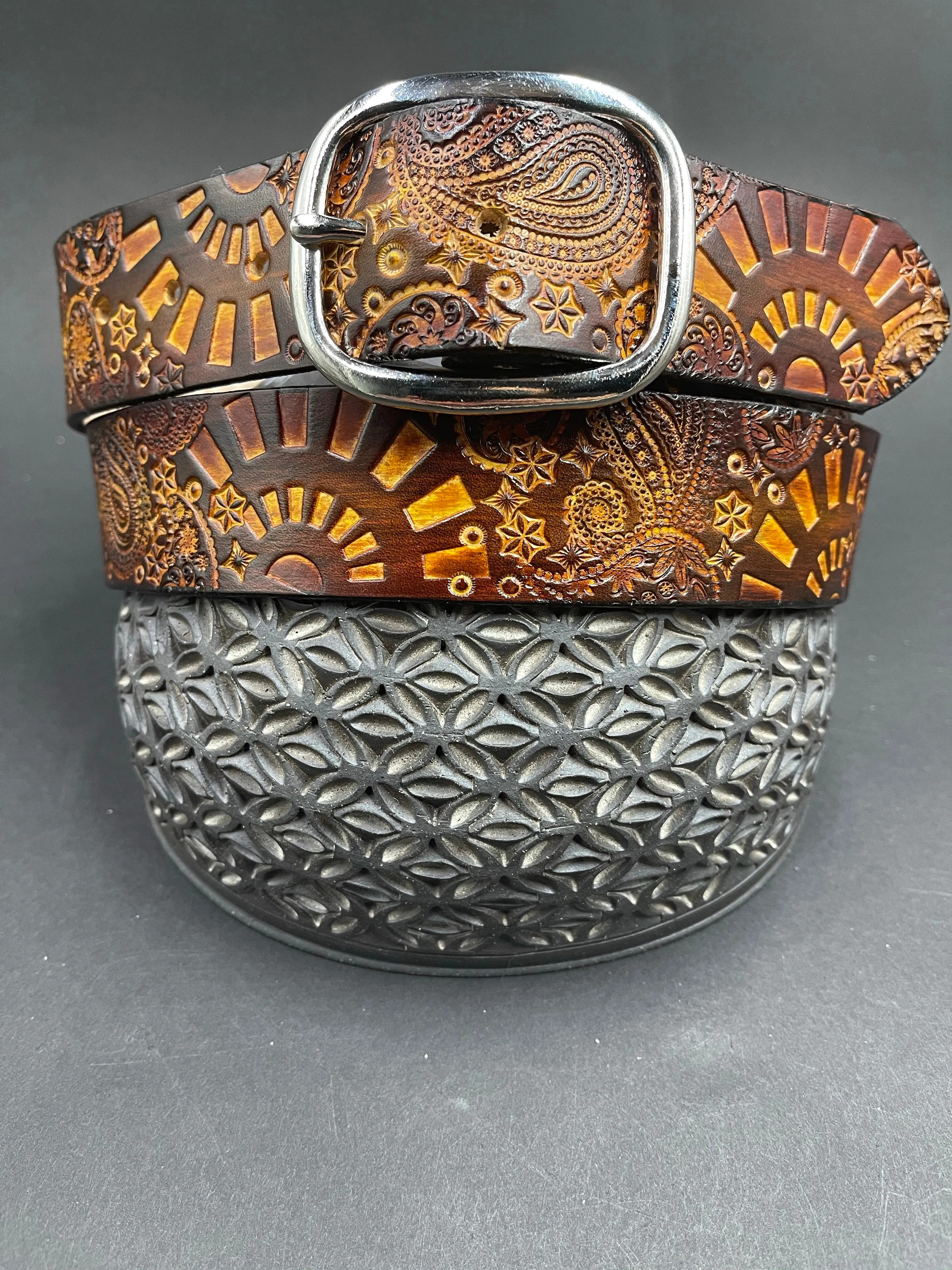 Stamped Leather Belt - Paisley