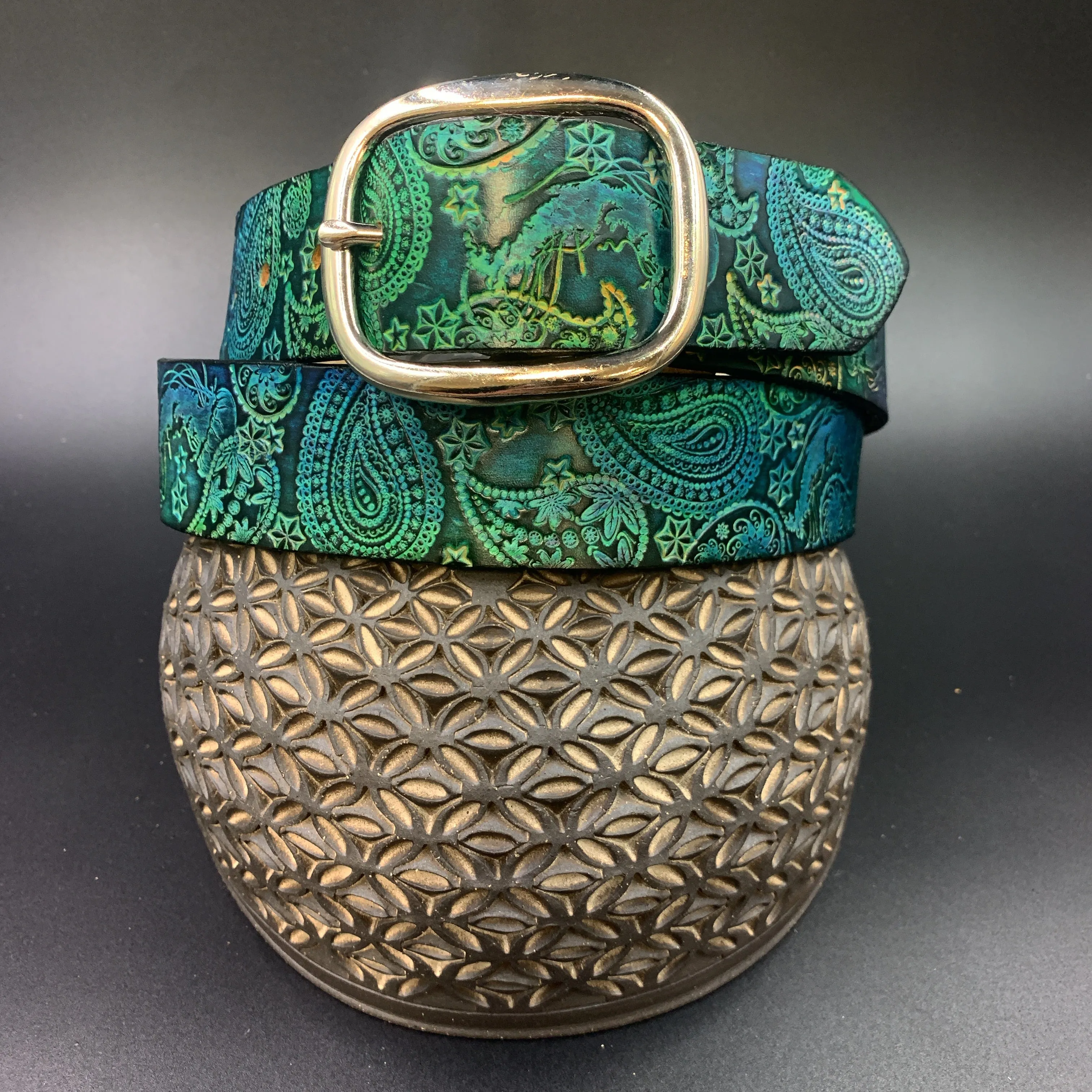 Stamped Leather Belt - Paisley